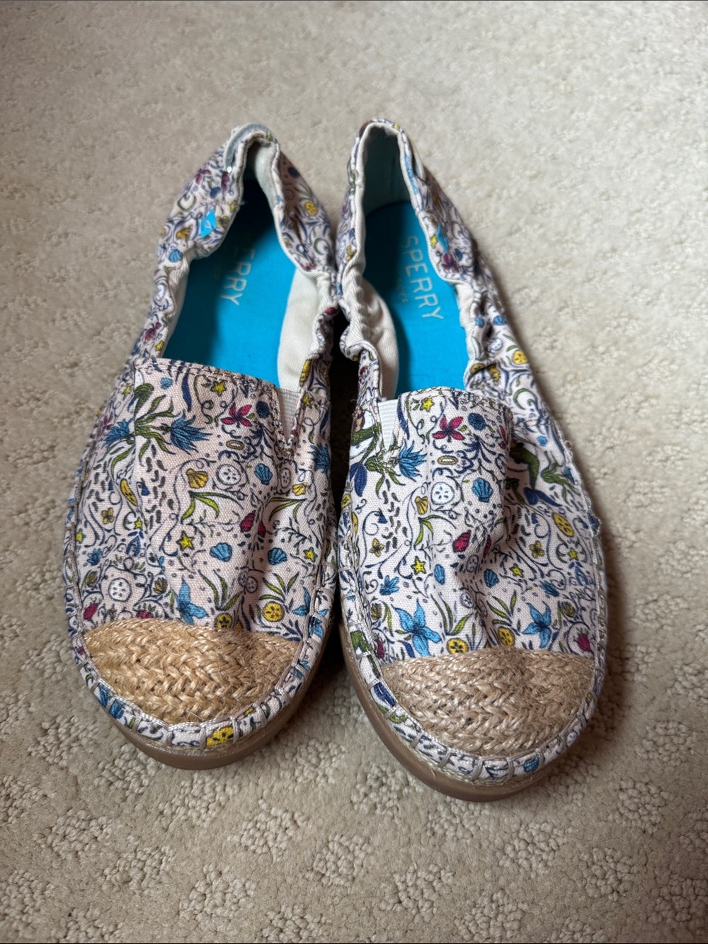 Never Worn. Speery Floral Canvas Espadrilles in Blue & Multicolor Print